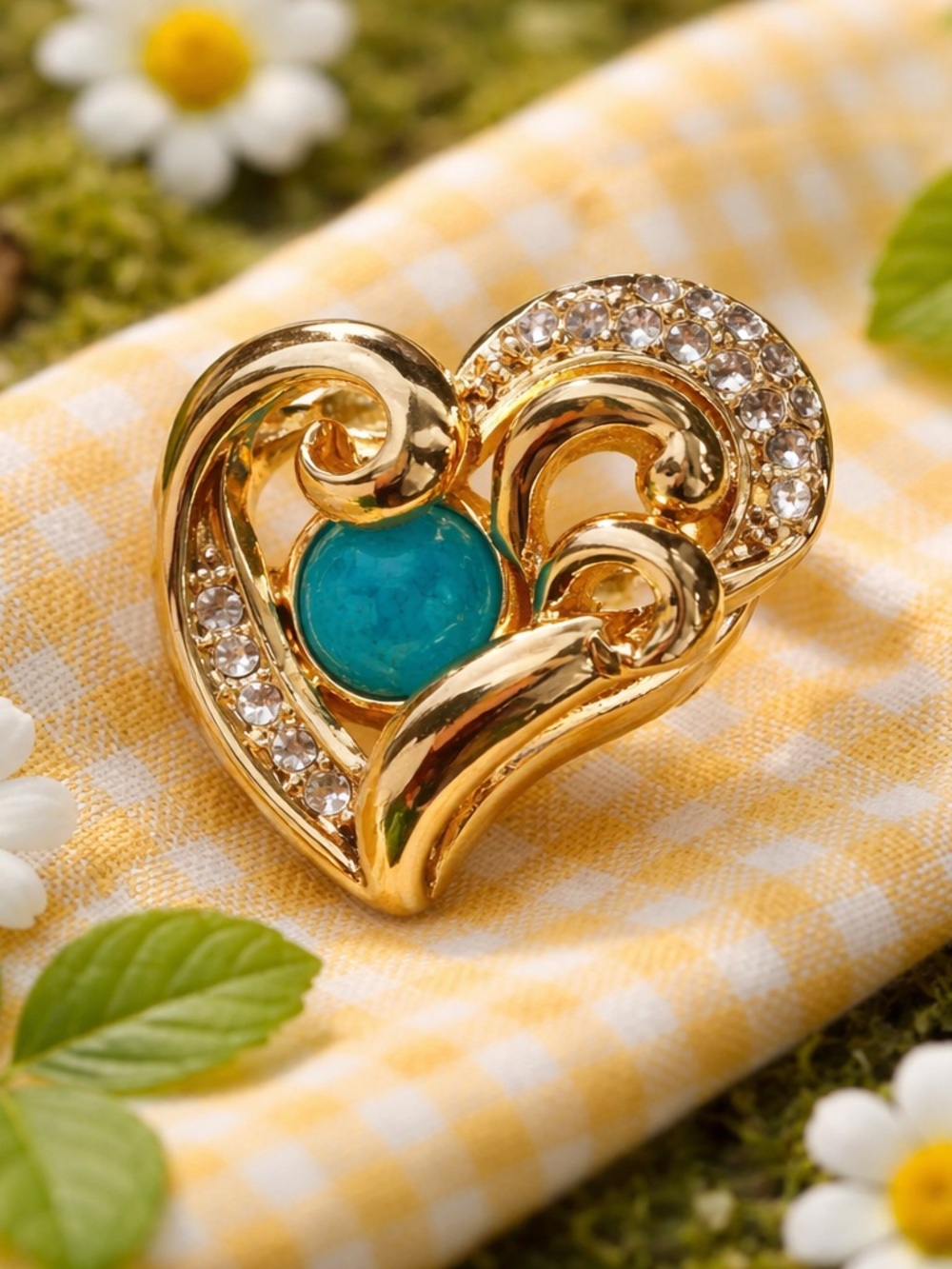 Heart Shape Statement Ring Yellow Gold Tone With Faux Turquoise Stone 7 3/4 NEW